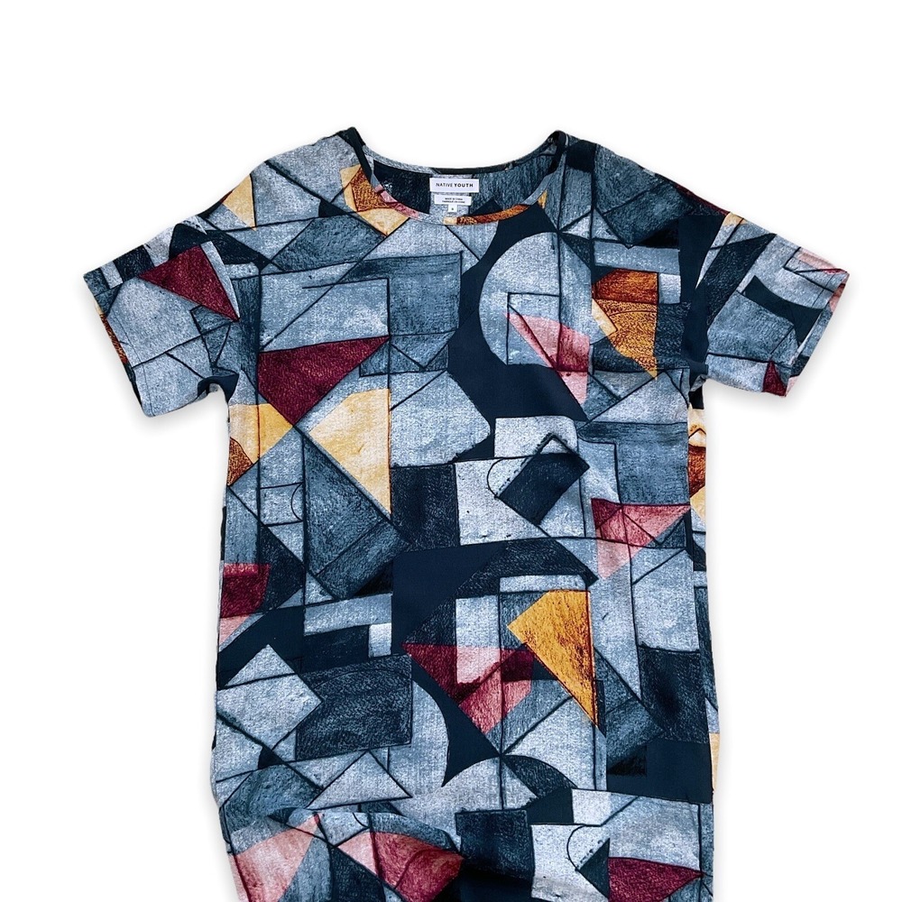 Native Youth Dress Women Small Blue Short Sleeve Shirt Shift Artsy Abstract